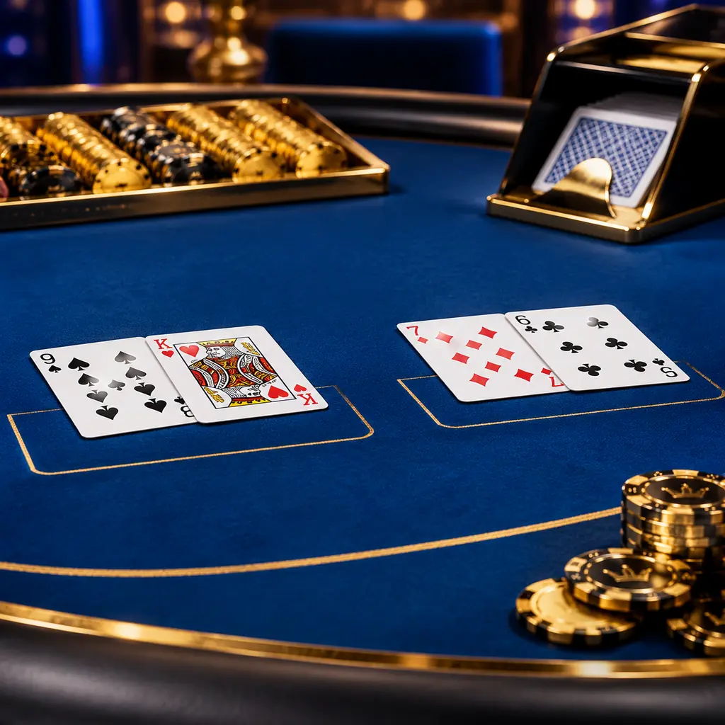 Ilustrasi dua tangan kartu baccarat pada meja kasino