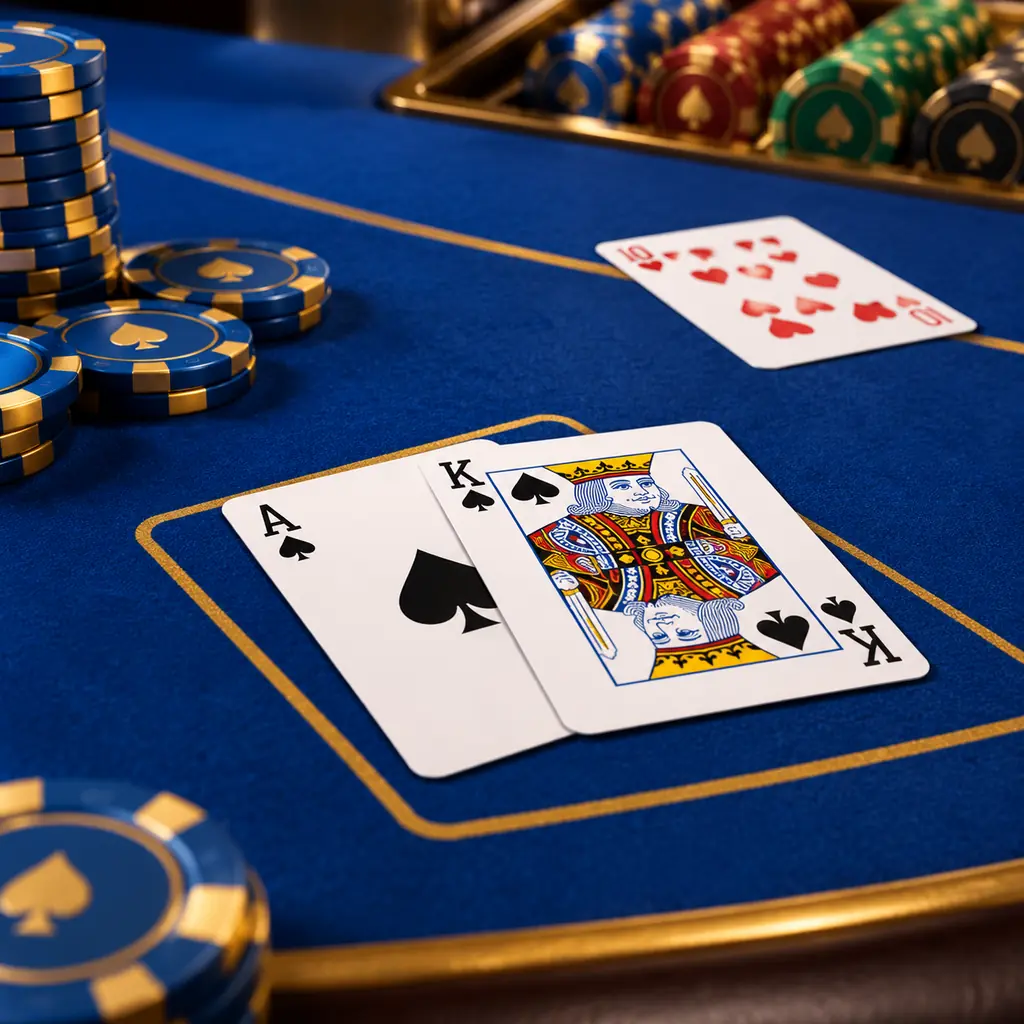 Ilustrasi kartu blackjack dan chip di atas meja biru
