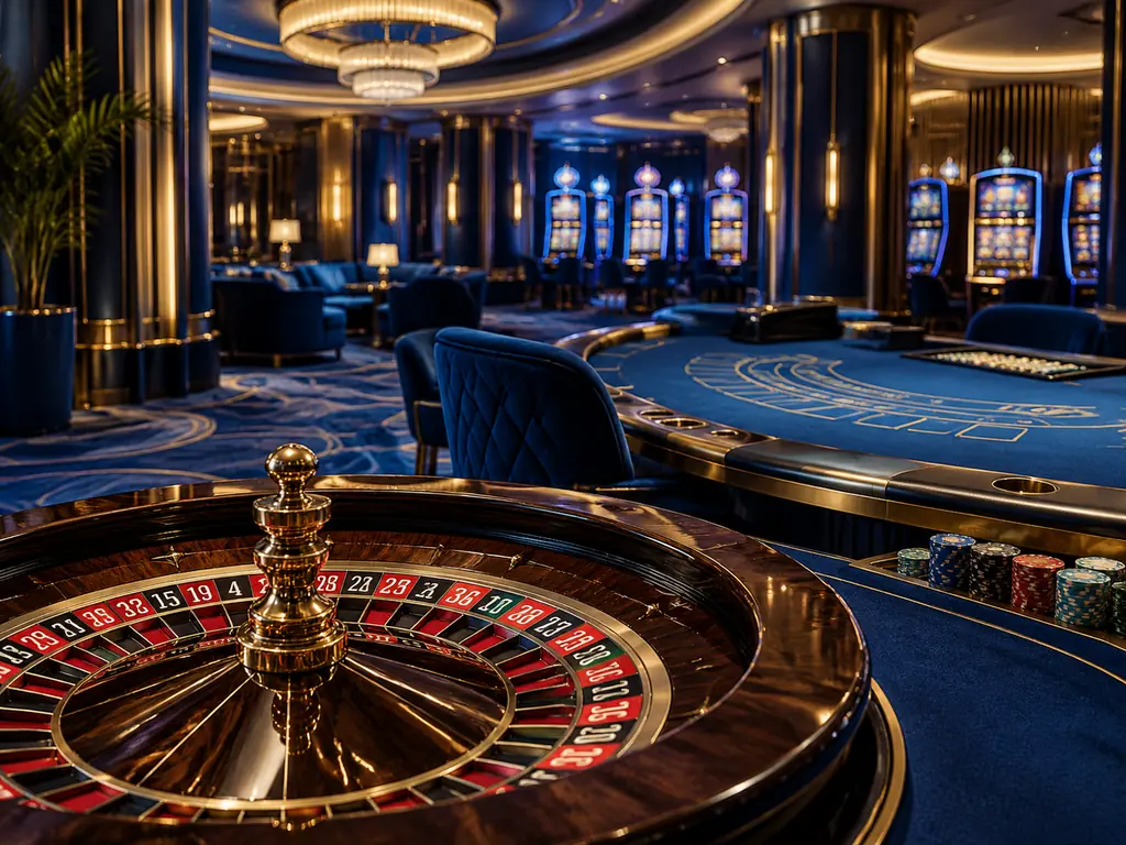 Ilustrasi ruang kasino dengan meja roulette dan kartu dalam warna biru kobalt dan emas