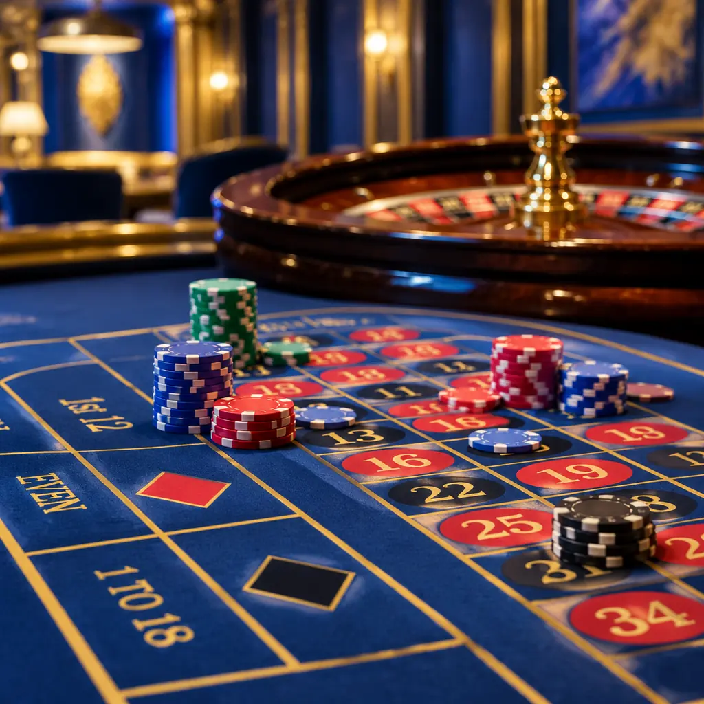 Ilustrasi chip pada tata letak roulette dengan roda di belakang