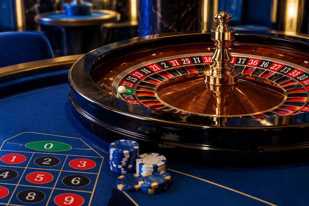 Ilustrasi roda roulette dan bola pada meja kasino